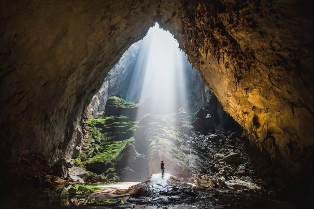 This is Watch Out for Dinosaurs in Son Doong Cave, which has a beautiful sunbeam