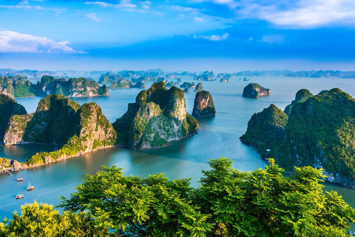 Toàn cảnh Vịnh Hạ Long với các hòn đảo đá vôi kỳ vĩ trên làn nước xanh ngọc